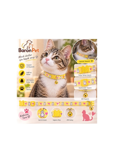 Kedi Tasması Sarı Tavşan Kalp Desenli Zilli Tavşan Yüzü Klipsli Ayarlanabilir Boyun Tasması Diğer