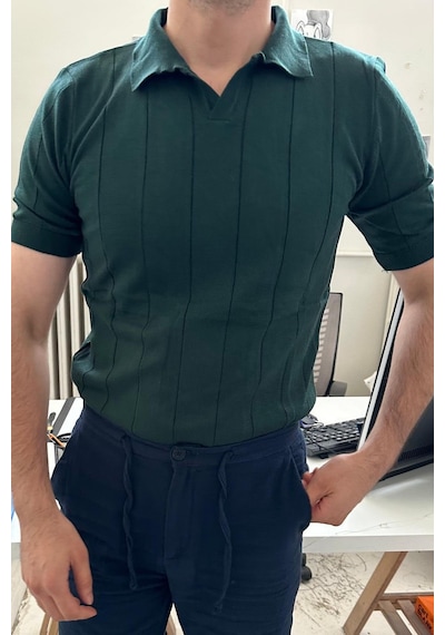 Erkek Çizgili Kısa Kollu Triko T-shirt Haki