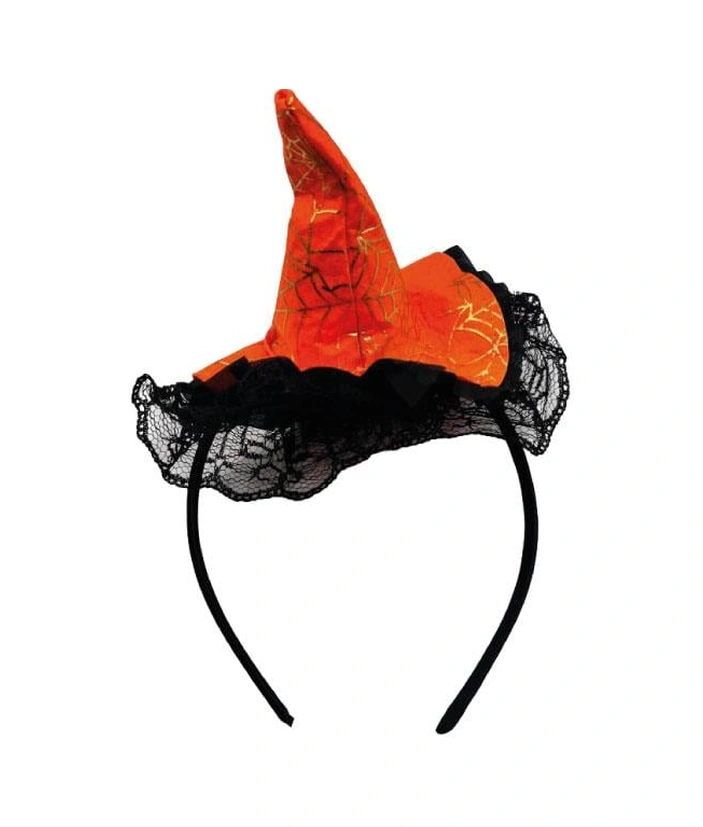 Halloween Cadılar Bayramı Taç Mini Cadı Şapkası Şeklinde Tüllü Turuncu-siyah Varaklı Örümcek Ağı Desenli Diğer