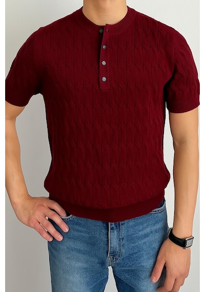 Tarz Cool Erkek Hakim Yaka Düğmeli Slim Fit Triko T-shirt Bordo