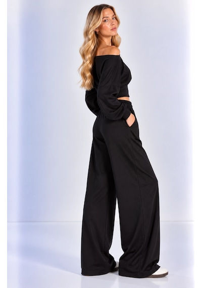 Mevese Kayık Yaka Korseli Crop Bluz - Cep Detaylı Palazzo Modal Takım - Siyah