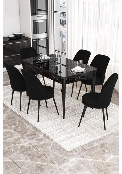Canisa Kor Serisi, Siyah Mermer Desen 70x114 Açılabilir Yemek Masası Takımı, 6 Sandalye Masa Siyah Mermer Desen Sandalye Siyah Canisa Kor Serisi, Siyah Mermer Desen 70x114 Açılabilir Yemek Masası Takımı, 6 Sandalye Masa Siyah Mermer Desen Sandalye Siyah