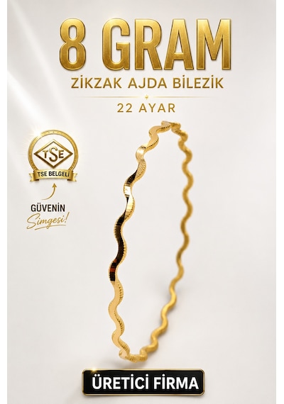 22 Ayar Tse Belgeli 8 Gram Zikzak Ajda Altın İşçiliksiz Bilezik Gold Nişan Düğün