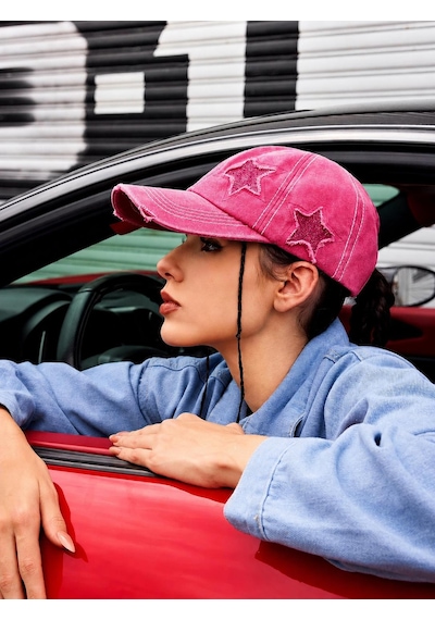 Valkyrie Vintage Pembe Yıldız Nakışlı Şapka Unisex Eskitme Baseball Cap Ayarlanır Pamuk Günlük Şapka