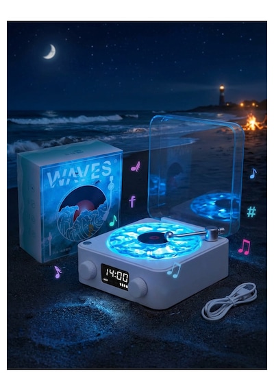 Waves Nostalji Plak Çalar Bluetooth Subwoofer 3d Ses Dalgası Retro Müzik Plak Çalar Mavi