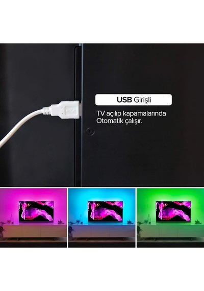 Tv Arkası Animasyonlu Rgb Şerit Led Seti Kumandalı 3 Metre - Cata - 5v Usb Girişli Standart