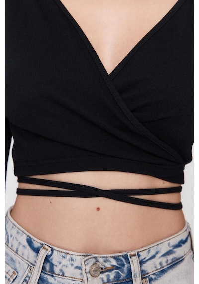 Ersefa Moda Kruvaze Örme Slim Düz Desen Casual Günlük Crop Uzun Kol Bluz Siyah