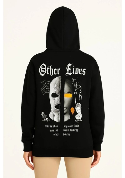 Tarz Yeri Kadın Kapüşonlu Kanguru Cepli Sweatshirt 3 İplik Pamuklu Baskılı Hoodie - Siyah