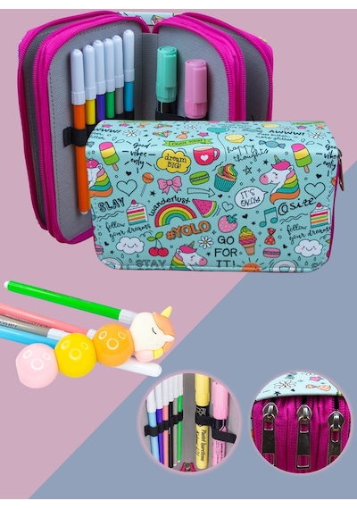 Kalem Kutusu Yolo Unicorn Kawaii Orginazer Vegan Deri Üç Bölmeli