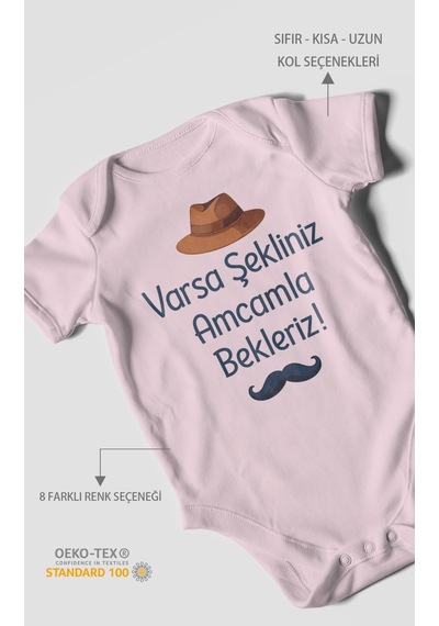 Morivokids Varsa Şekliniz Amcamla Bekleriz Kısa Kollu Bebek Body %100 Pamuk Bebe Pembe