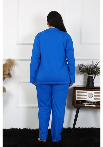 Akbeniz Kadın Büyük Beden Pamuklu Cepli Düğmeli Saks Pijama Takım 202401-saks Saks Mavi