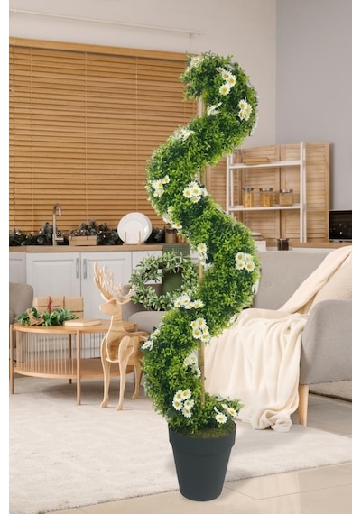 Yapay Ağaç Doğal Papatyalı Spiral Şimşir Ağacı 160cm Bambu Saplı Salon Bitkisi