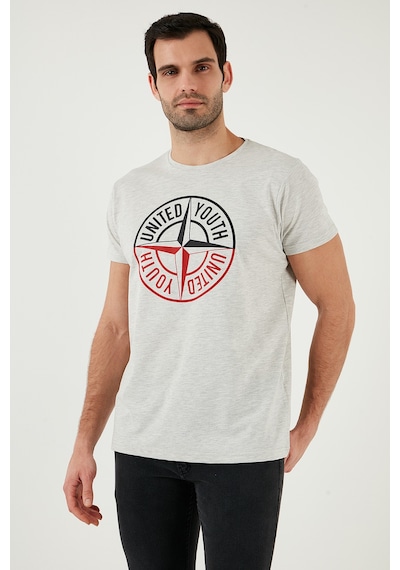 Buratti Baskılı Bisiklet Yaka Pamuklu Slim Fit Erkek T Shirt 541Pusula Açık Melanj