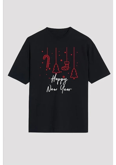 Veraura Lifestyle Yılbaşı Happy New Year Baskılı Kısa Kollu Oversize Bisiklet Yaka T-shirt - Siyah