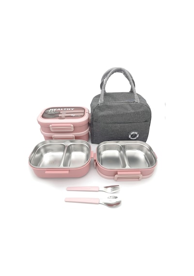 Valkyrie 304 Çelik Bölmeli Lunch Box Seti Termal Çantalı, Bölmeli, Çatal Kaşıklı, Sızdırmaz Yemek Kabı Pembe Pembe