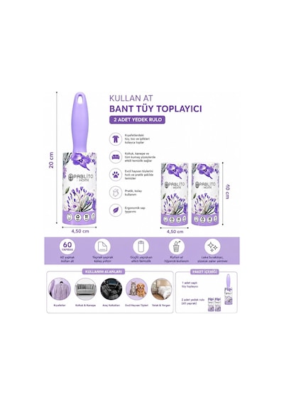 Saplı Tüy Toplayıcı Rulo Seti 2 Li Yedek Rulolu 60 Yaprak Kullan At Bantlı Güçlü Yapışkan Tem