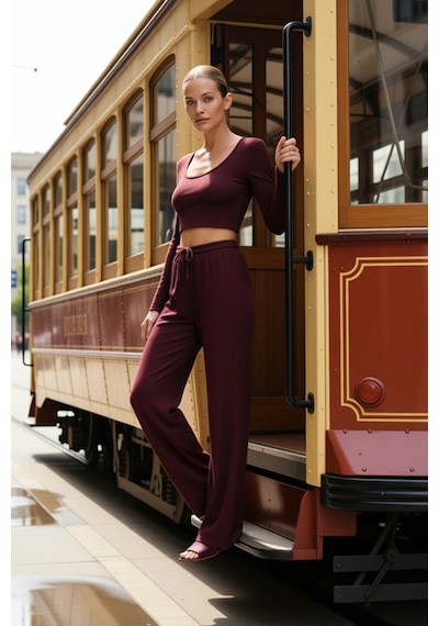 Benerly Kadın Alt Üst Koyu Yumoş Örme Crop Ve Geniş Paça Pantolon Takım F bordo Benerly Kadın Alt Üst Koyu Yumoş Örme Crop Ve Geniş Paça Pantolon Takım F bordo