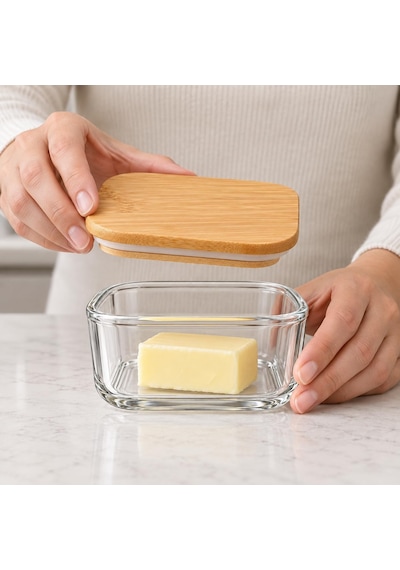 Bambu Kapaklı Borosilikat Cam Kavanoz 10 6 Cm, Kare Formlu Şeffaf Tereyağlık, Kahvaltılık Ve Kuru Gıda Saklama Kabı, Mutfak Düzenleyici, 1 Adet Çok Renkli