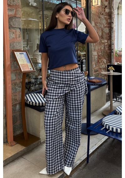 Madmext Lacivert Fularlı Ekose Pantolon Mg2734