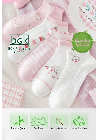 Bgk 5 Çift Bambu Pembe Desenli Kadın Patik Çorap Dikişsiz Premium Renkli