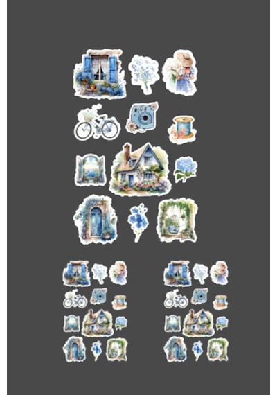 Vintage Blue Lady Sticker Set - 3 Adet - Parlak Kağıt