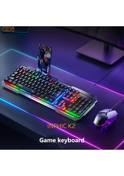 Inphic K2 104 Tuşlu Rgb Aydınlatmalı Sessiz Usb Kablolu Oyun Klavyesi 3 Kademeli Parlaklık Cep Telefonu Yerleştirme Alanlı - Mh-hs9711-0395