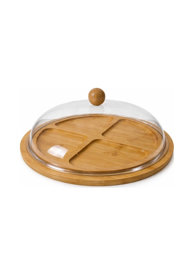 4 Bölmeli Bambu Sunumluk Akrilik Kapaklı Çerezlik Kahvaltılık Sunum Tabağı 28x28 Cm Şeffaf