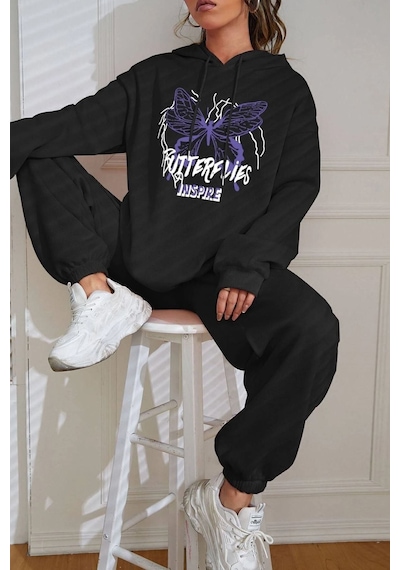 Uyguntarz Unisex Butterfly Baskılı Eşofman Takımı Siyah