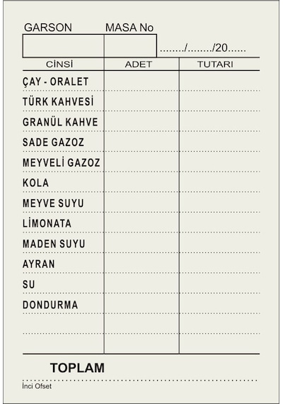 Kafe Çay Kahve Adisyon Sipariş Fişi A7 Tek Nüsha 10 Cilt