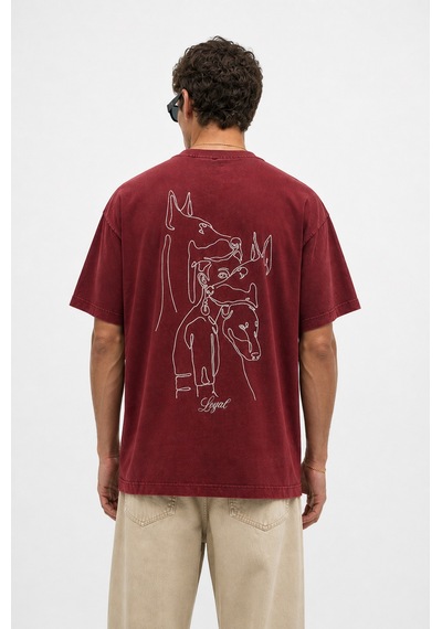 Respire Erkek Nakış Detaylı Yıkamalı Oversize T-shirt Bordo