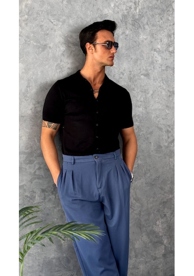 Modefendi Slim Fit Polo Yaka Triko Pamuk Kısa Kollu Gömlek Siyah