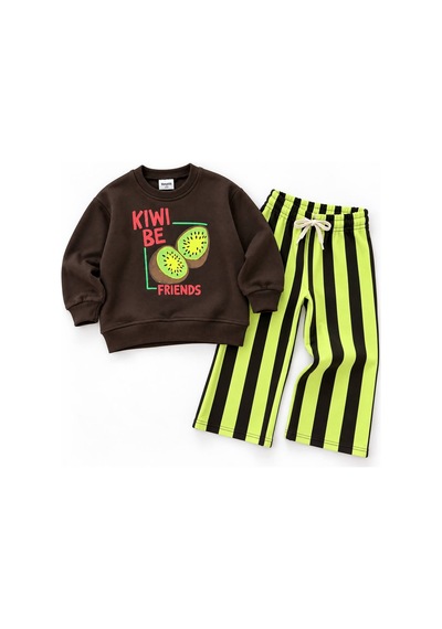 Kiwi Best Friends Baskılı Sweatshirt Ve Çizgili Eşofman Altı Unisex Alt Üst Takım Siyah
