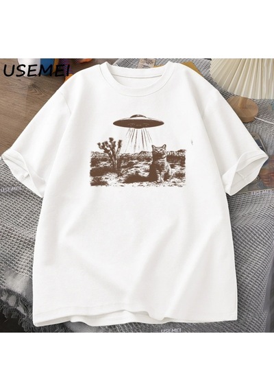 Startmore Vintage Ufo Cowboy Cat T Shirt Retro T-shirt 90s Western Tshirt Wild West Kitten Tshirt Casua 3047 Beyaz