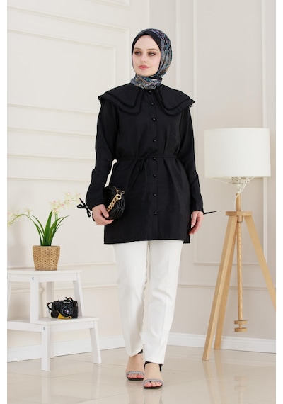 Sevitli Çift Yaka Dantelli Tunik-siyah-4981 Siyah