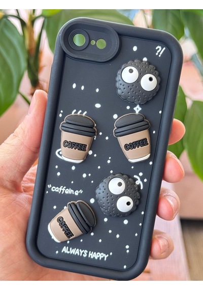 Fibaks iPhone 16e/17e Uyumlu Kılıf Kamera Korumalı Coffee Kurabiye Figürlü Siyah Yumuşak Silikon Kapak