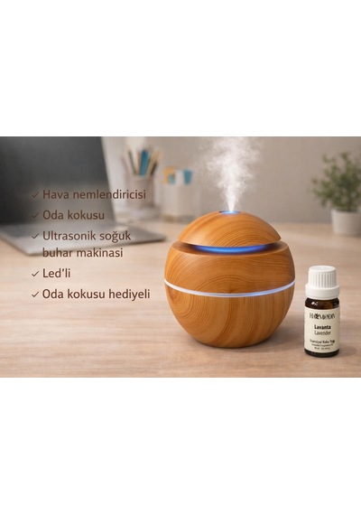 Küre Model Bambu Renk Hava Nemlendirici Ultrasonik Soğuk Buhar Makinesi, Led Işıklı Masaüstü Oda Kokusu Hediye