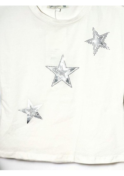 Escabel Kız Çocuk Pamuklu Yıldız Taşlı Kısa Kol T-shirt-15715 Ekru