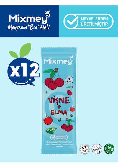 Mixmey Vişne Meyve Barı 12 Adet | Atıştırmalıklar – Vegan, Glutensiz, Koruyucusuz (20GR X 12 ADET)