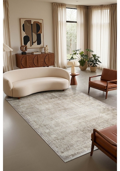 Matris Mı002b Bej Halı Modern Pamuk Taban Akrilik Tozuaz Salon Yatak Odası Koridor Halısı-1329