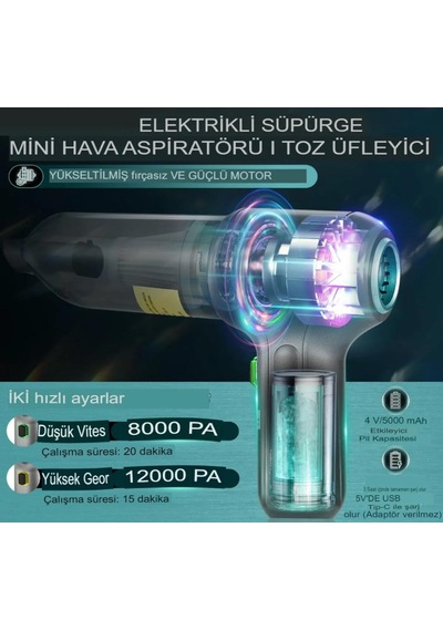 Auhma 12000pa Şarjlı Profesyonel Vakumlu Emiş Ve Üfleme Özellikli Mini Araç Süpürgesi 1