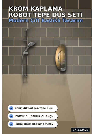 Krom Kaplama 5+1 Fonksiyon Robot Tepe Duş Seti - 2 Başlıklı Banyo Takımı Bx-313428 Açık Ahşap