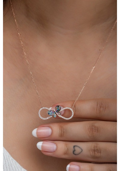 925 Ayar Gümüş Mix Taşlı Kelebek Detay Sonsuzluk Kolye Rose Gold