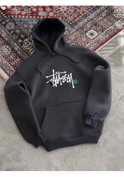 Mbb E-ticaret Kadın Oversize Kapüşonlu Cepli Baskılı 3 İplik Pamuklu Hoodie Sweatshirt - Füme