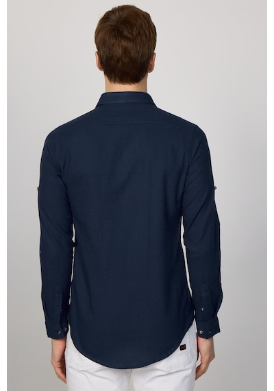 Tudors Slim Fit Uzun Kol Çift Cep Pamuk Keten Spor Yaka Lacivert Erkek Gömlek-29634-lacivert Lacivert