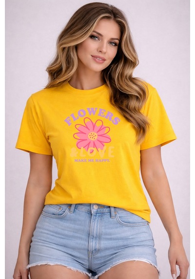 Herkesemoda Flowers Love Baskı Detaylı Basic T-shirt Sarı