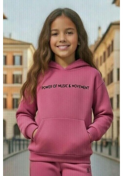 Riccotarz Kız Çocuk Music Yazı Detaylı 3 İplik Sweat Kanguru Cepli Mor Eşofman Takım Mor