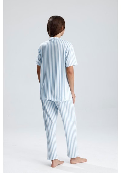 Kompedan Kadın Çizgili Önden Düğmeli Pijama Takım Mavi Çzg Mavi