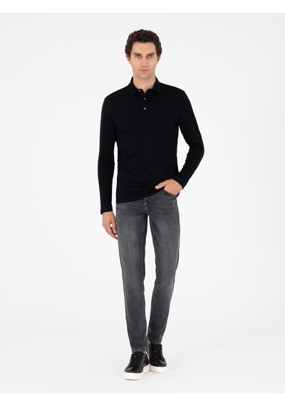 Siyah Regular Fit Polo Yaka Pamuklu Sweatshirt