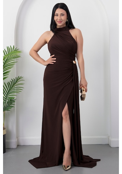 Kalopya Halter Yaka Drapeli Tokalı Abiye Elbise Ecr5862 Kahve