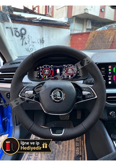 Skoda Kodiaq Dikme Direksiyon Kılıfı Premium Komple Delikli Deri Siyah Dikiş 2021-2024